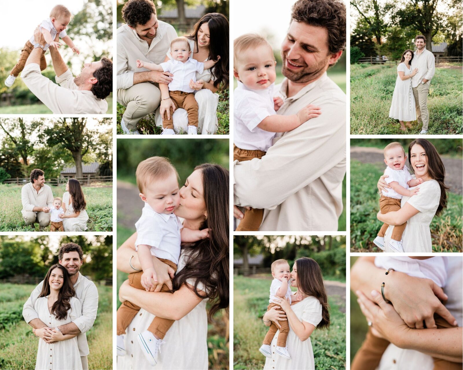 A collage of images of a mom, dad, and baby in a field of green by a Pennsylvania Photographer