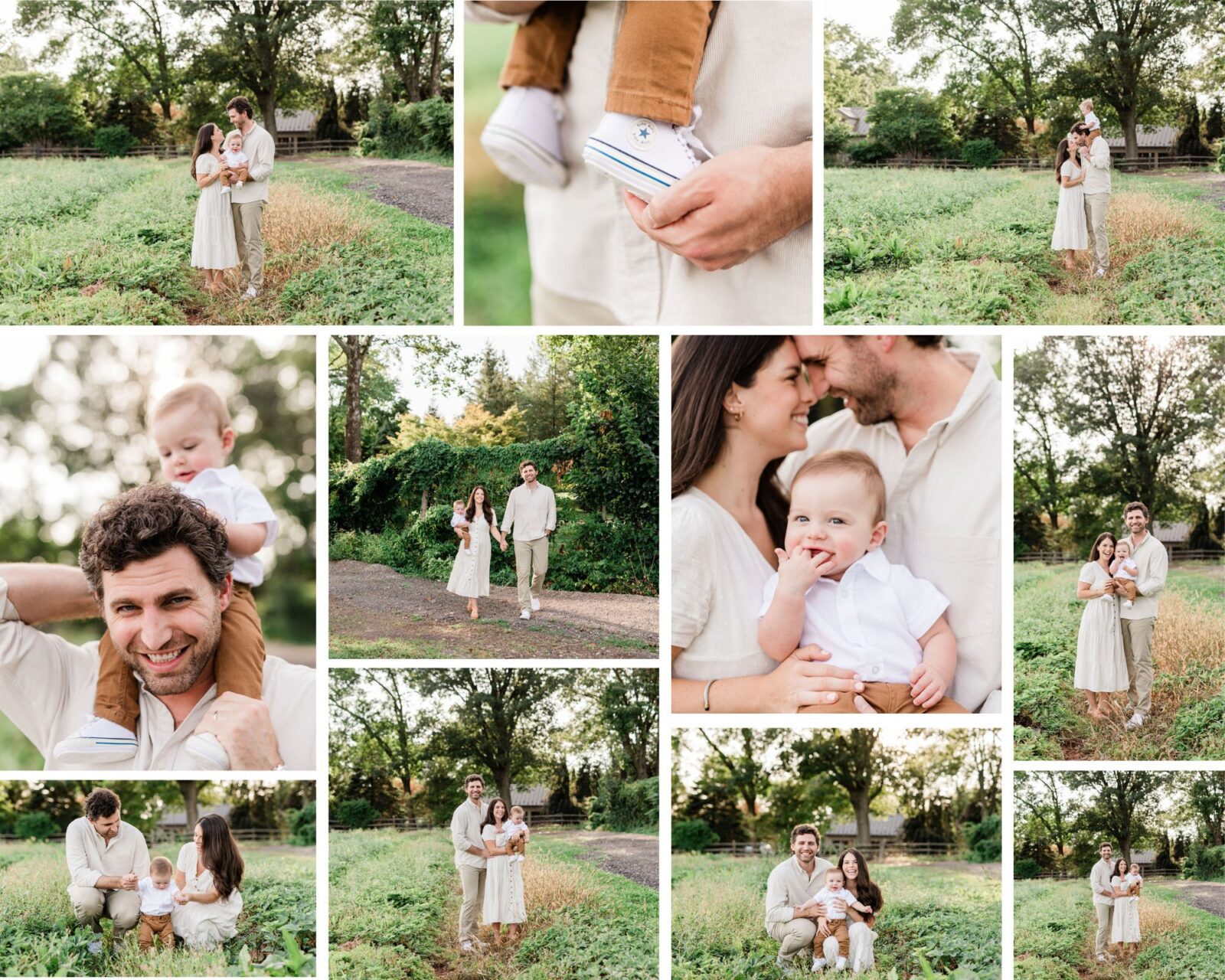 A collage of images of a family of three on a farm by a Philadelphia Family Photographer
